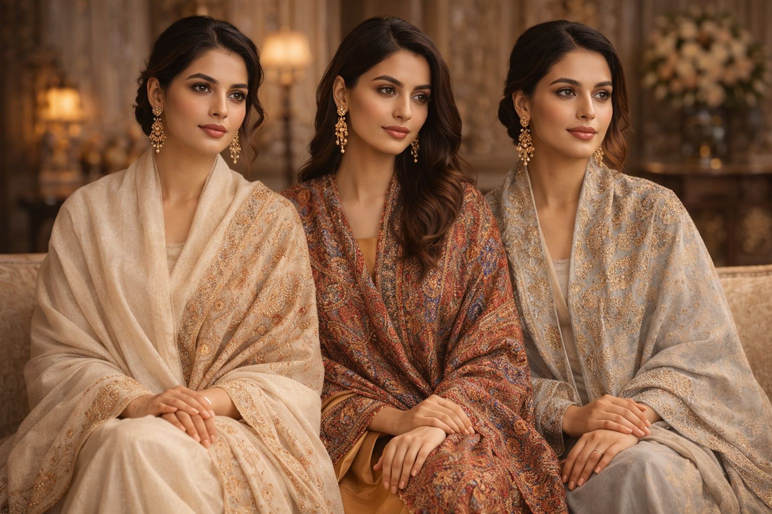 Three women in handcrafted Kashmiri shawls — Kashir Apparels collection